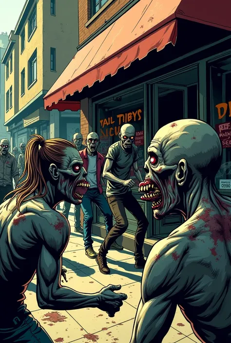 zombies, apocalypse thematic, comic drawing style, HD, very detailed, in the background a shop