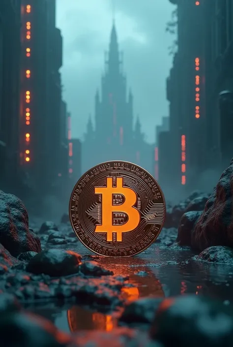  I need an image of the Bitcoin coin,  with a value of 30 R$ in the center of the coin , Background in a futuristic paradise, haunted background 