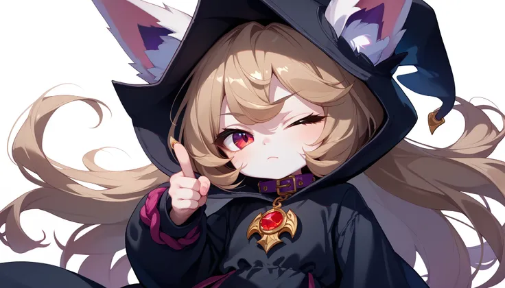 (masterpiece:1.3), (best quality:1.3), (very detailed), (anime style:0.1), game cg, anime coloring,((simple white background)),VexLoLXL,big eyes,yordle,shortstack,red eyes,((light brown hair,bangs,long hair)),shiny_skin,white_skin,white skin,black hood,hoo...