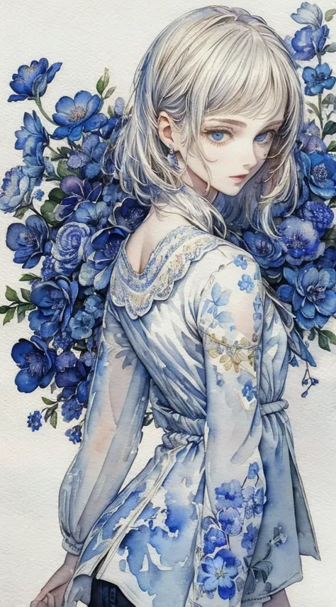 (​masterpiece),(top-quality:1.2),(  perfect anatomy over a white blouse ), 1 girl,(Watercolor:1.4),(Hand-drawn:1.2),(watercolor brush hair ),Show me your back,Picturesque, Paper Textures , high definition , highly detailed face、 beautifully detailed blue e...