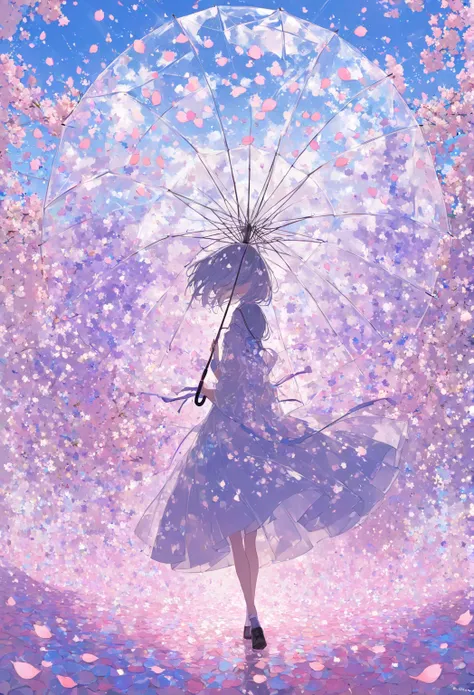  1 girl ( holding an umbrella (transparent, Tons of Petals Decorate Umbrellas )),  Massive Petals Fill the Air . Petals cover the ground .  minimalism, Simple Prism 