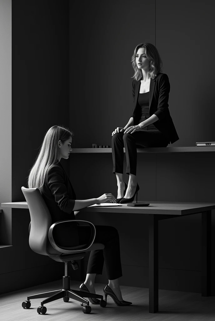 one woman wearing a suit sitting in a swivel chair with long straight hair and one woman wearing a suit with a tank top sitting in the table, office background black theme