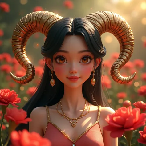 Generate a 3D big serif font zodiak name "ARIES" with1girl, Solo, Blush, black Hair, Indonesian, gold Eyes, Jewelry, Sparkle, Best Quality, carnation garden in the background From Above, 