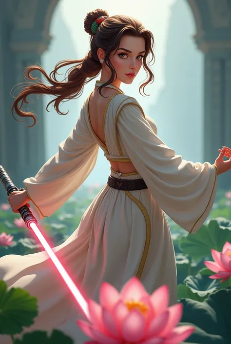 Padme anime with your back and with a lightsaber wearing a Jedai costume and the background with a lotus flower