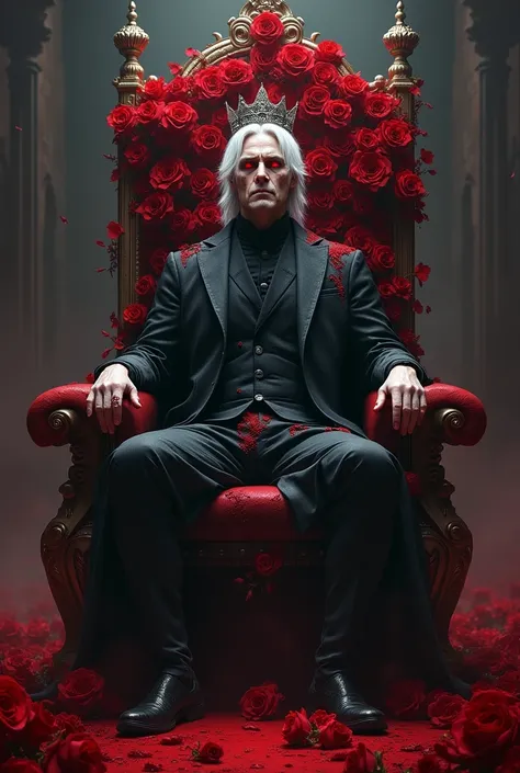 A white-haired man with a calm face sits on a throne covered in blood-luck roses. His red eyes are stained with blood. He wears a silver crown.