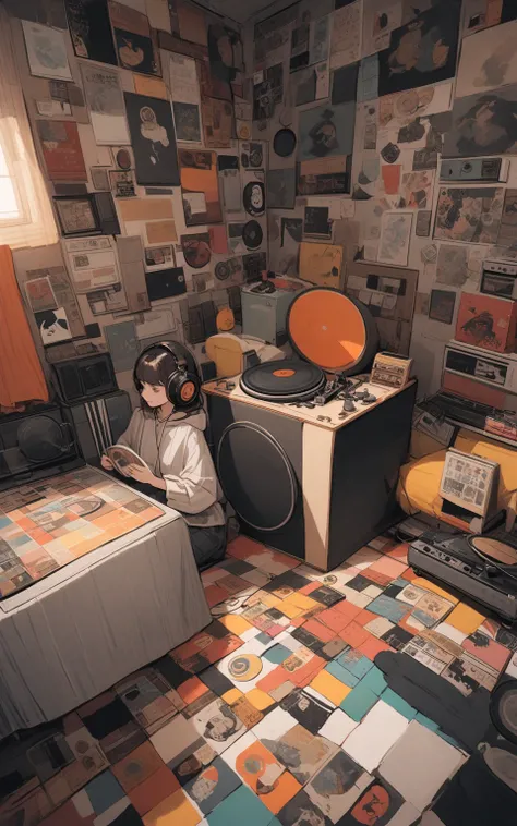 "Retro Music Room"

A nostalgic music room filled with a collection of vinyl records, cassette tapes, and vintage posters. A girl sits cross-legged on a colorful rug, wearing oversized headphones while holding a record sleeve. The room features a retro tur...