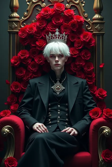 A white-haired Young man with a calm face sits on a throne covered in blood-luck roses. His red eyes are stained with blood. He wears a silver crown.