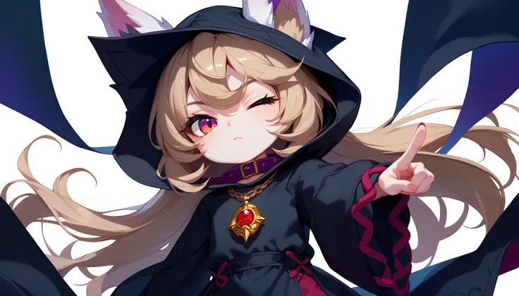 (masterpiece:1.3), (best quality:1.3), (very detailed), (anime style:0.1), game cg, anime coloring,((simple white background)),VexLoLXL,big eyes,yordle,shortstack,red eyes,((light brown hair,bangs,long hair)),shiny_skin,white_skin,white skin,black hood,hoo...