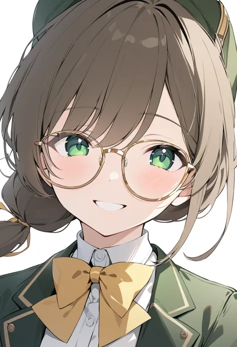 masterpiece, best quality, portrait, 1 girl, dark green wide-brimmed hat, brown long hair, low pony tail tied with big yellow ribbon bowtie, green eyes, gold frame glasses, eyes open, wide smiling, white shirt, red string bowtie, dark green suit coat, larg...