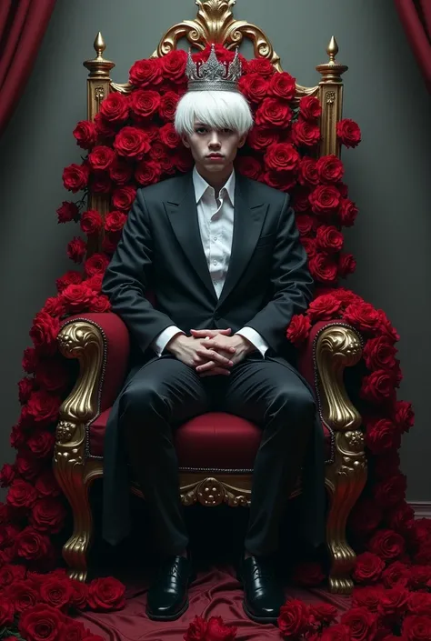 A white-haired Young man with a calm face sits on a throne covered in blood-luck roses. His red eyes are stained with blood. He wears a silver crown.