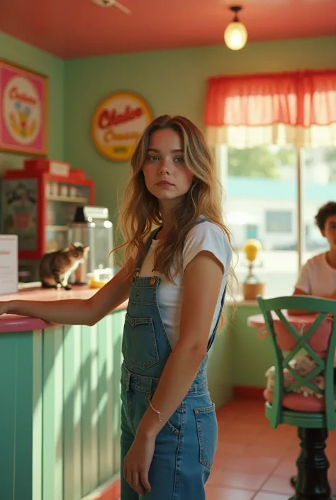 Portrait Young Girl look at camera, long hair, Overalls, Retro ice cream parlor with pastel-colored walls, a classic soda fountain counter, and vintage ice cream posters, a cat, bathed in warm sunlight, analog film photo, Kodachrome.