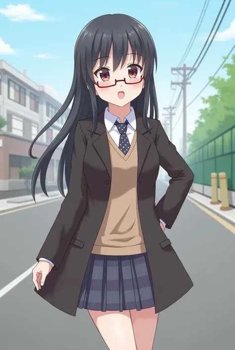  masterpiece ,  better quality ,  full coat,  illustration,, (Paisura:1.4), 1 girl, glasses,  small breasts, tie, skirt, if,  school uniform,  black hair, outdoors, path, between breasts, street, school if,  land vehicle , Danchi, Japan,,  