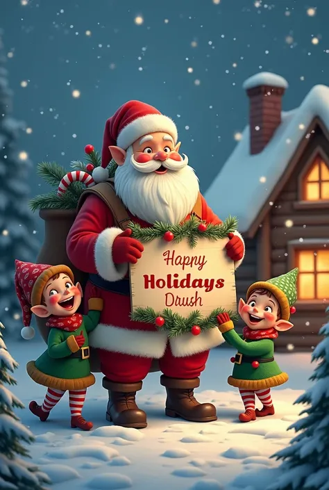 Santa Claus with his elves with a sign that says thank you for your trust COPY PRICE wishes you a merry Christmas and a happy new year. Happy Holidays 