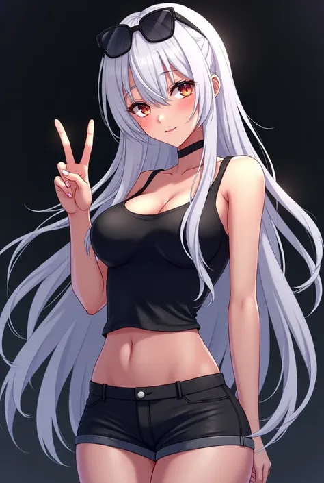  Create a faceless white-haired character ,  with phonk glasses with thorns on her head ,  dressed in a black shirt  ,  with arms crossed standing ,  with a part of her foot with chains of thorns , Make her sexy and bulky  , Do it in HD anime style , Take ...