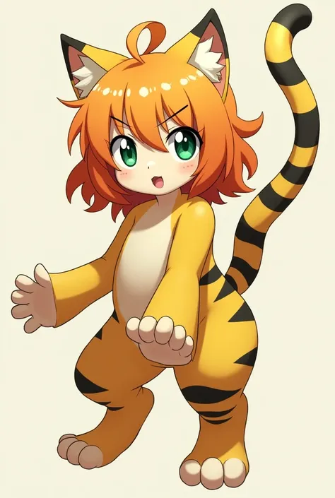 anime man, shoulder-length orange wavy hair  ,   emerald green eyes  , feline pupils,   yellow feline ears with black stripe and white tip ,  long yellow tail with black tiger stripes and a white tip at the end of the tail,  sturdy body 