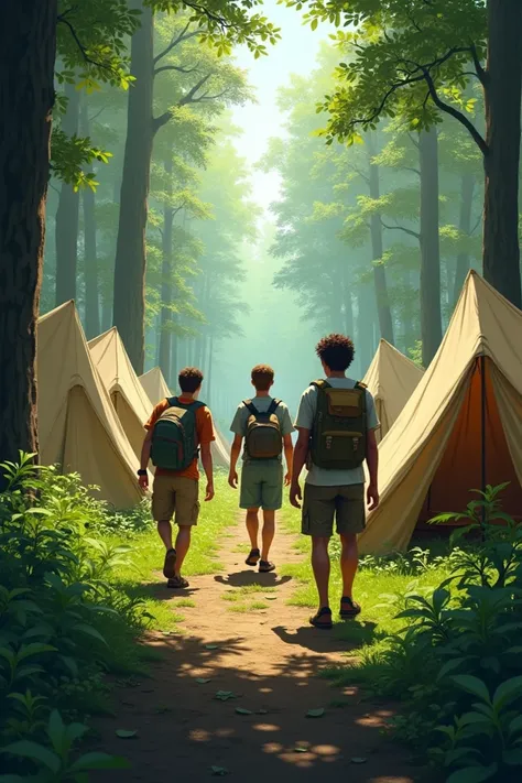 Three young men walking in a tent forest
