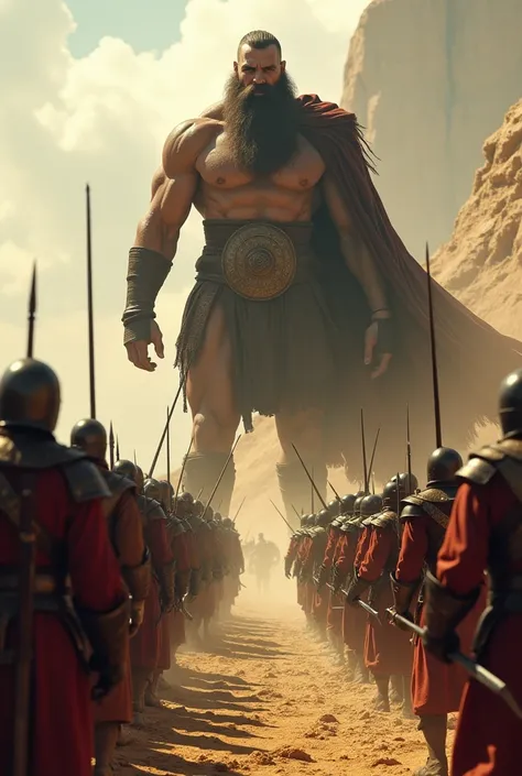  Fearful Israelite soldiers in front of the Philistine army, like Goliath standing out as an imposing giant 