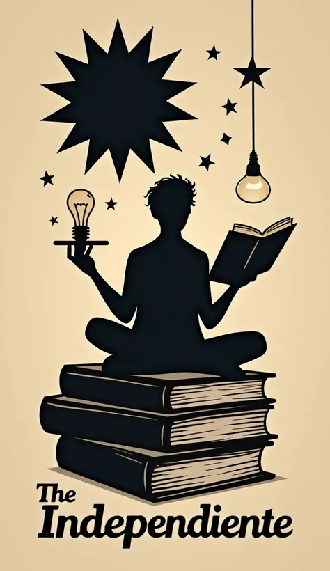 "The Independiente" Logo with shadow human, book, light and dark bulb, black sun, star. Written "The Indipendiente" with shadow and bulb, books.