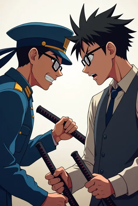 Plot of anime rivalry between anime guy Vietnamese soldier wearing blue Vietnamese uniform ,wearing blue vietnamese soldier hats , wearing square glasses and wielding Japanese ninja swords confront messy short haired anime guy wearing blue glasses wearing ...