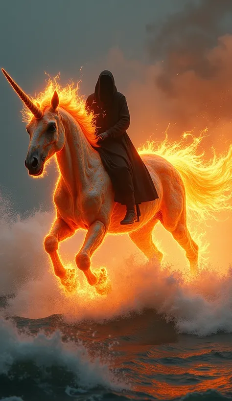 "A magnificent skull unicorn made entirely of blazing flames gallops powerfully across the oceans surface, its fiery mane and tail creating dynamic contrasts against the waves. On its back sits a mysterious man clad in a long, flowing black robe, exuding a...