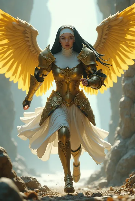 ((foto RAW)), ((  masterpiece )), anthropomorphic humanoid AngelGirl wearing nun armor,  intricate details , running, Greebles&#39; intricate pieces, sea behind, yellow wings, beautiful,  detailed eyes and lips 