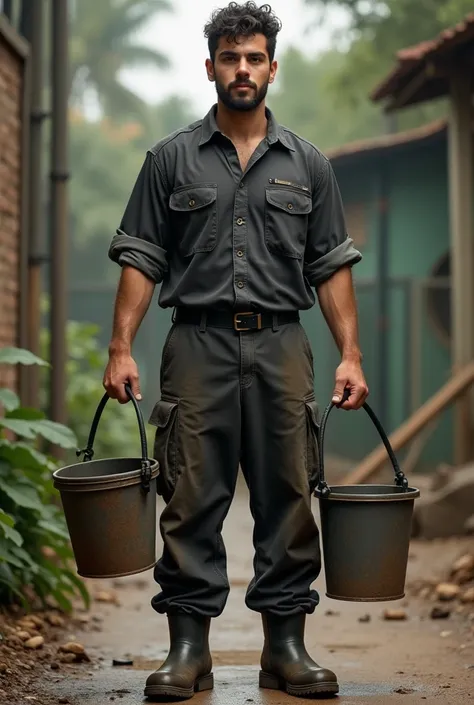 Man with little curly hair medium , with little beard, moreno,  slightly round face , Small in stature,  attractive in Israeli costume, 25 years old , Brown eyes, delgado, zoo cleaner, with dark shirt ,  dirty black pants ,  rubber boots and a bucket in ea...