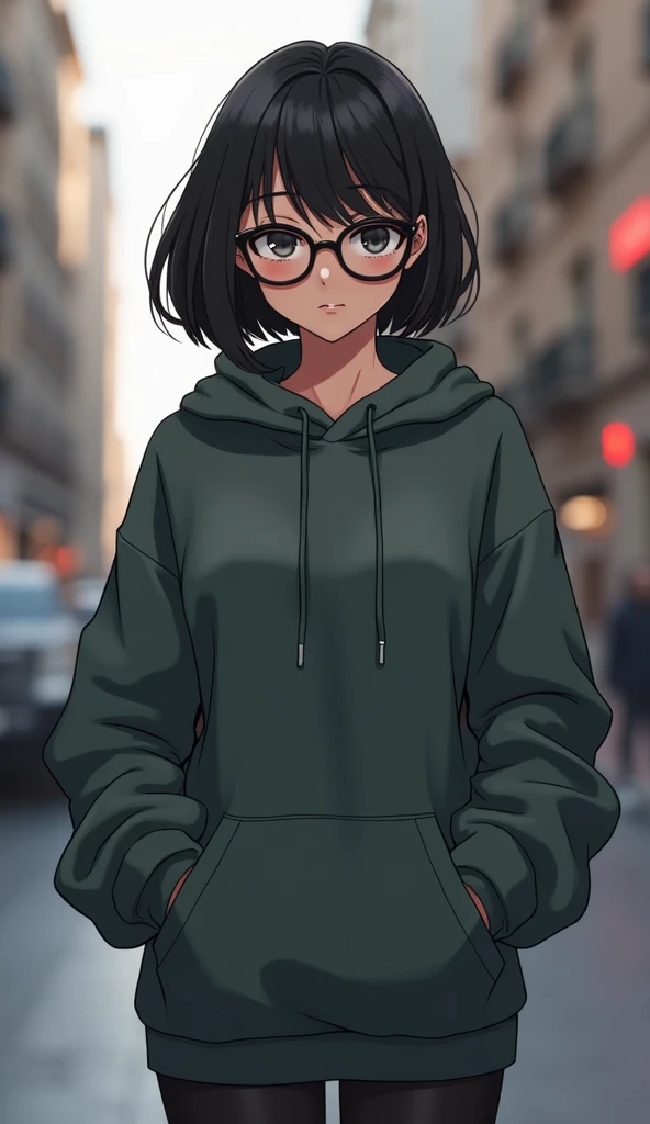 Top quality, 1 woman, twenties, short hair, bob cut, black hair, wearing glasses, big breasts, wearing hoodie, shy-smile, full body, at street