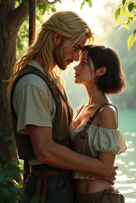 A young man, with 1,85 inches tall,  long blond hair ,  green eyes ,  fisherman , beautiful, rustic.  together with a young white woman, with short straight brunette hair ,  Blue Eyes. in love.