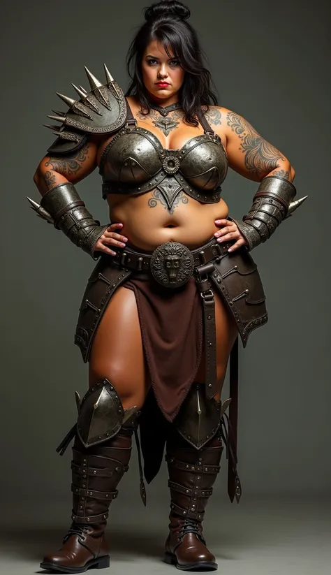 photorealistic full body photo of plus size barbarian warrior, brunette girl,(art by Carne Griffiths:1.2), (intimidating pose:1.5),(hands on hips:1.5),(glaring at camera:1.2) ,(realistic tanned skin texture:1.5),high quality,(muscular body:1.5),(Heavily ta...