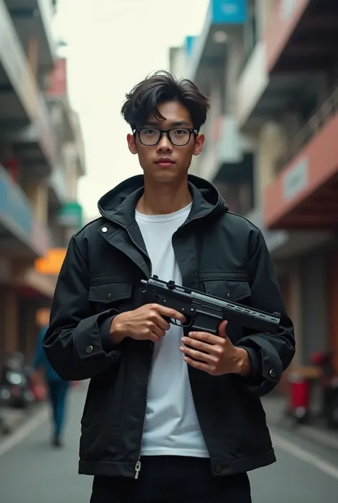 Seventeen-year-old handsome Indonesian man wearing black jacket white t-shirt black trousers and wearing black glasses standing while holding a gun to the fore using two hands city background and shops realistic picture full hd high quality 5D 65k clear sy...