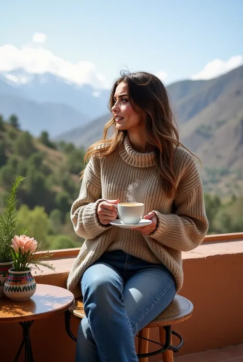 Embajadora de Aqhawa Wasi 
Romina está en un alojamiento boutique de estilo rústico y elegante, Aqhawa Wasi .  She is on a terrace overlooking green mountains and a clear sky .  She wears comfortable casual clothes ,  like jeans and an alpaca sweater ,  wh...