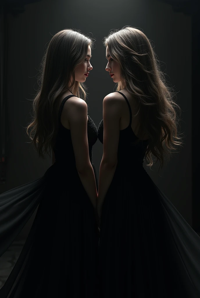 two women who are facing away from each other, one with long straight hair and one with long wavey hair, black theme