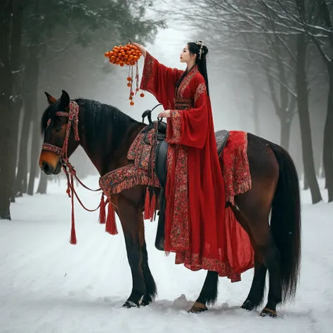 A woman in a richly detailed, maroon-red, flowing robe stands poised atop a magnificent horse.  The horse, a deep brown with a wintery coat, has an elaborate ornate saddle decorated with colorful tassels, beads, and fabrics.  The womans pose is graceful an...