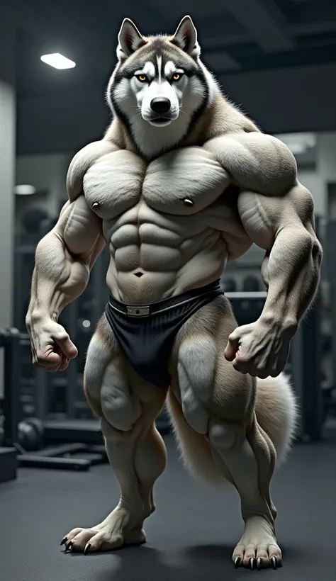 Muscular husky, bodybuilder, gym, muscles, full body, front facing.