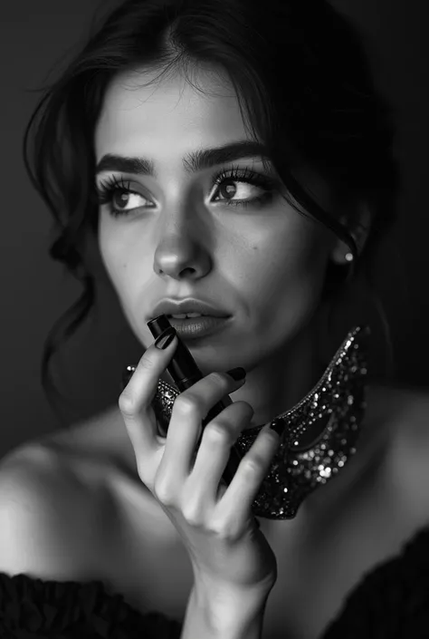 It generates a beautiful girl crying with beautiful eyelashes holding a mascara in her hands close to her face ,  the mascara has to be happy 
In addition, you have the image focused on your torso upwards and that the image is black and white.
Let the girl...