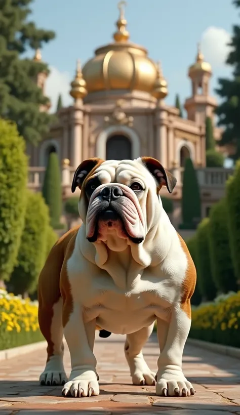 "A strong bulldog standing confidently in front of an opulent palace adorned with intricate and detailed architecture, surrounded by manicured lush green gardens. The scene features vibrant greenery and towering trees in the background. The image is captur...