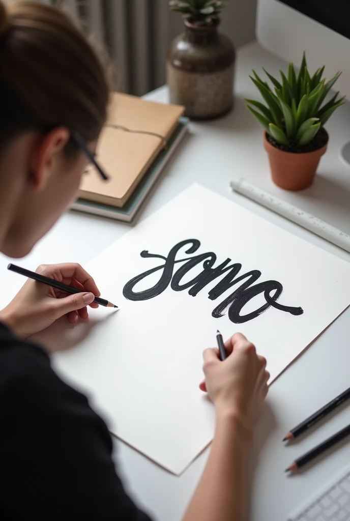 A designer drawing "somo" letters on white paper with her black pencil