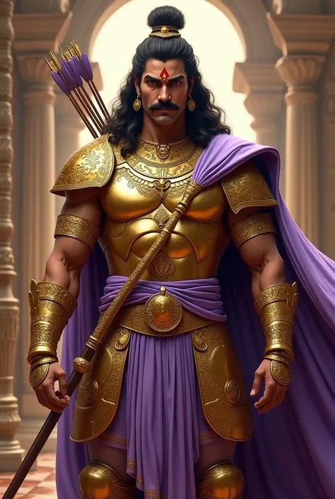 Karna , golden indian epic armour, moustache, lavender cloth, raj sabha ,bow and arrows,so realistic 