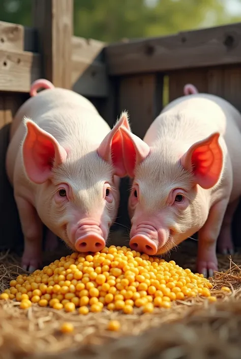 Believe me two pigs eating corn in their pen