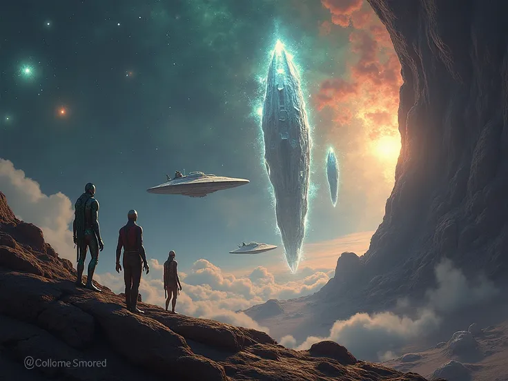 "An awe-inspiring cosmic scene depicting humanitys first encounter with the Great Three – three monumental, otherworldly artifacts floating in the depths of space, glowing with mysterious energy. A sleek human spaceship hovers nearby, dwarfed by the size a...