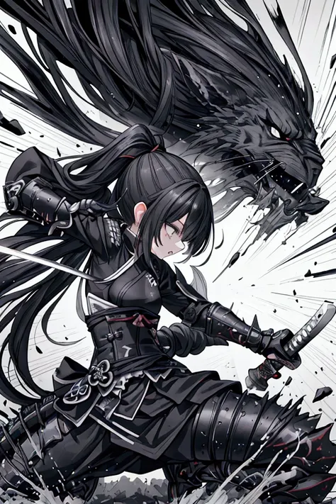 A fierce female swordsman in light armor, wielding a katana in a dramatic, mid-action pose. The artwork is entirely black and white with extreme contrast, featuring bold, chaotic brushstrokes and heavy ink splashes. Rough, expressive strokes emphasize the ...