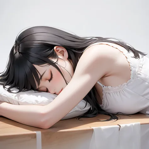 Ultra-real
Woman sleeping on her stomack
Face down
Black hair
white camisole
Small basted
Upper body
Side view