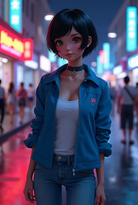 ladybug, fly,  pretty face,  Marinette Dupin-Cheng ,  short black pixie cut ,  blue womens jacket ,  white turtleneck tank top,  jeans,  white ballet flats ,  Medium Breasts ,  slim body , , Model shot , fly at night, bright lights, neon