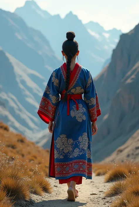 Create a character wearing a Mongolian costume with a blue print, a red waistband on the sleeves and a red waistband, walk backwards along the path in the high mountain range.