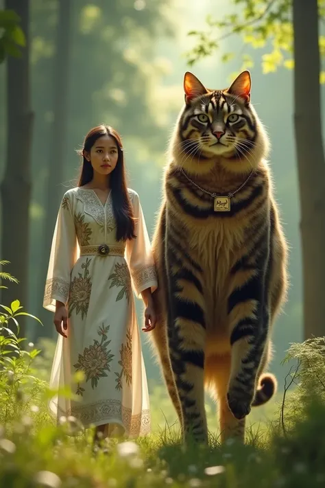 Result in an image of a beautiful 25 year old Indonesian woman wearing a white Pekalongan batik abaya. Next to the woman stood a giant cat with brown and black mottled fur, they walked. The cat is wearing a necklace with the name "anam vlog" written on the...