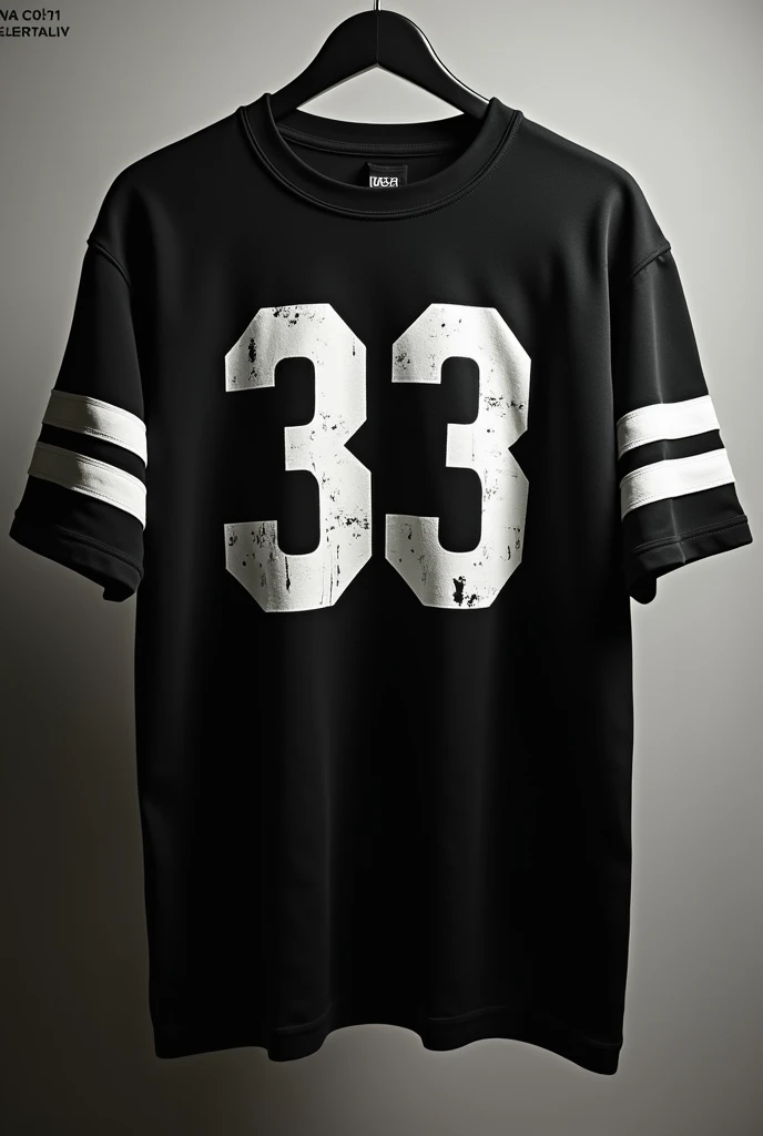 black shirt that has the number 33 in white in the center of the t-shirt and that is in a gothic style and that has white stripes on its sleeves 