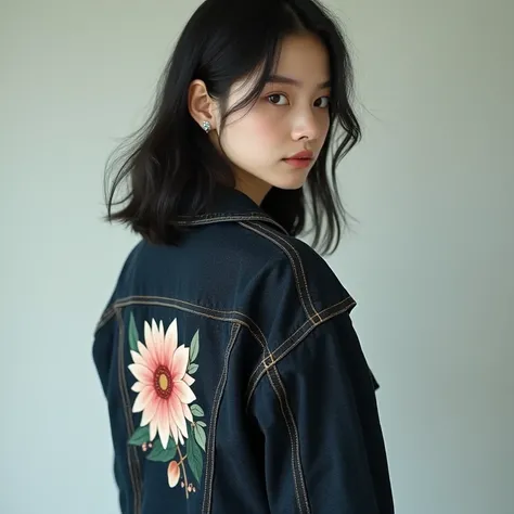 Beautiful sexy korean girl standing alone,Wear a dark denim jacket,The back of the shirt is a floral logo.