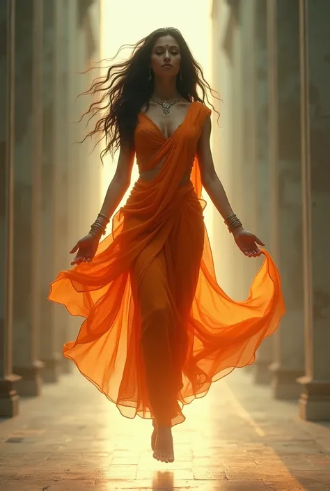 Indian woman  ,  orange dress,  sitting levitating  , luminous background 