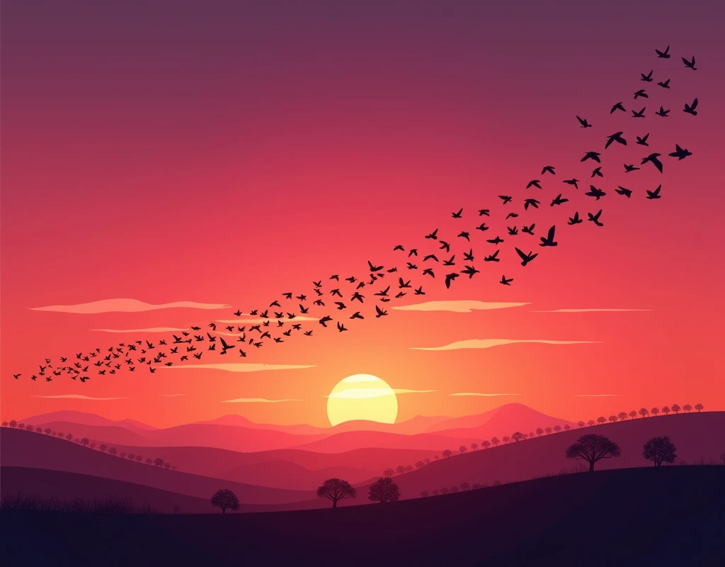 The theme is "Flying Bird Silhouette", realistic, a flock of small birds flying in the western sky as dusk approaches, a large flock flying in a group to return to their nest, the western sky depicting a gradation that changes from vermilion to purple, a d...