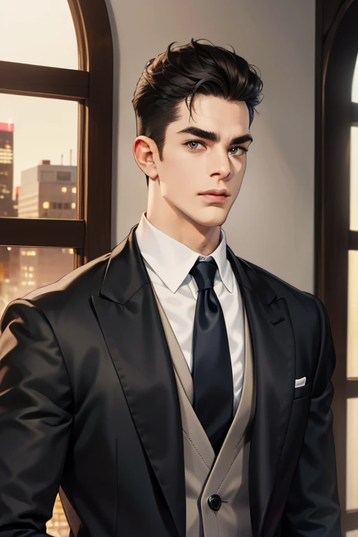 (absurdres, highres, ultra detailed), (1 male, solo, adult, mature:1.4, aged up:1.4, old age, tall muscular guy, broad shoulders, handsome), very short hair, black hair, pomade, brown eyes, (angular jaw:1.4, thick neck:1.4, thick eyebrows:1.4), BREAK, nigh...